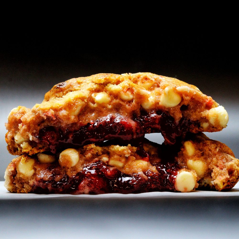 Flustered strawberry shortcake cookie with a strawberry jam center