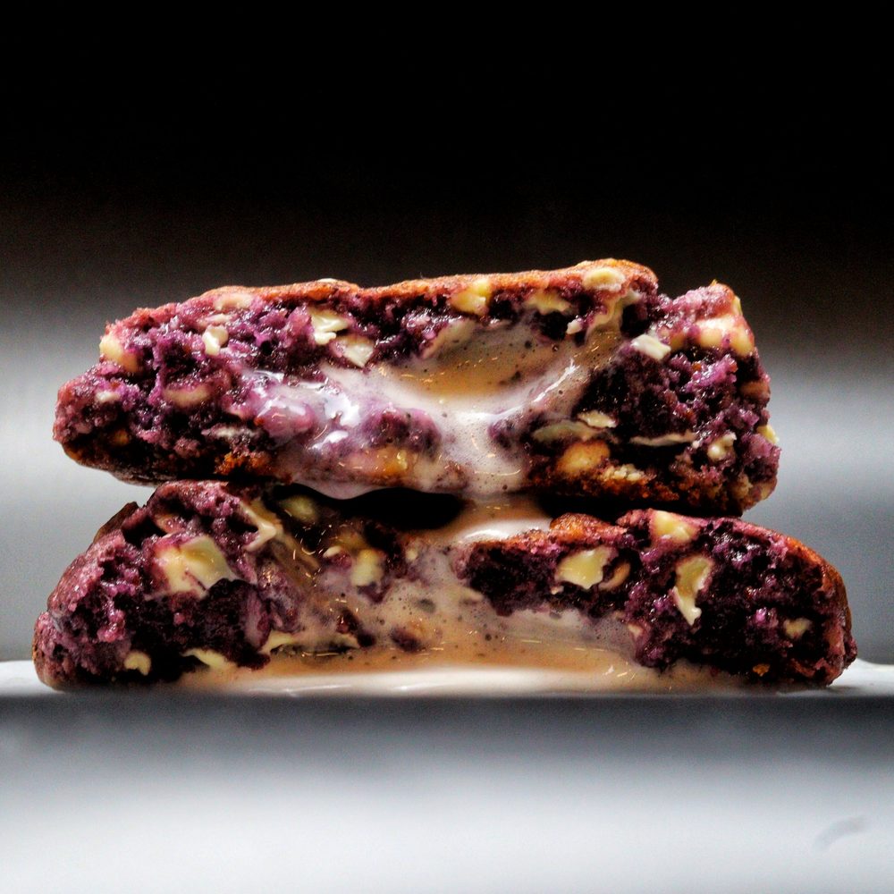 Zoned Out ube cookie with a white chocolate coconut cream center